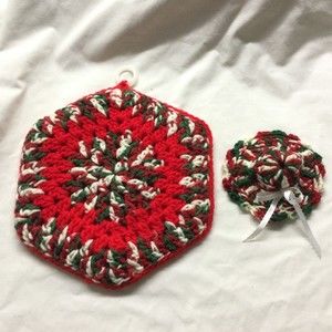 Kitchen Crochet Warming Pad Pot Holder & Pot Top/Lid Holder Hat Set New